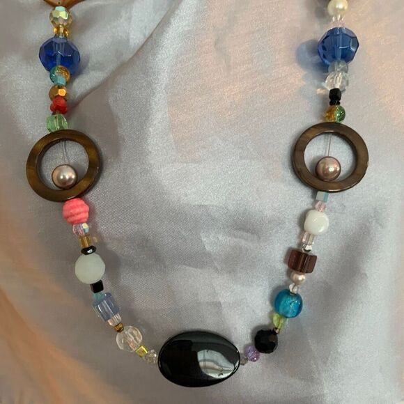 Colorful Long Beaded Statement Necklace Geometric Shapes Boho Retro Style Blue, - Picture 7 of 11